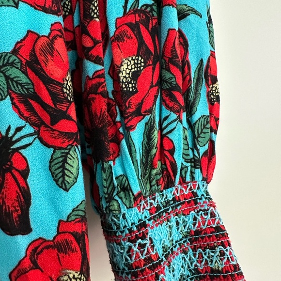 ALICE + OLIVIA Kami Blouson Sleeve Deep V Ruffle Romper in Beach Bliss Aqua (D9) - Picture 10 of 11